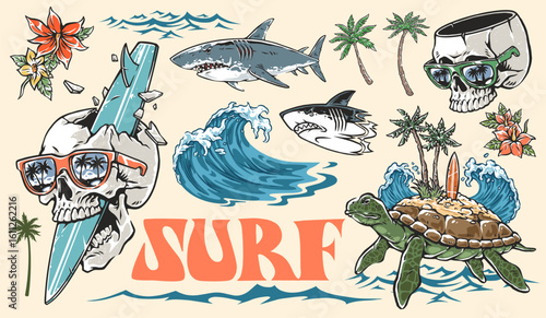 Creative surf-themed artwork with ocean elements