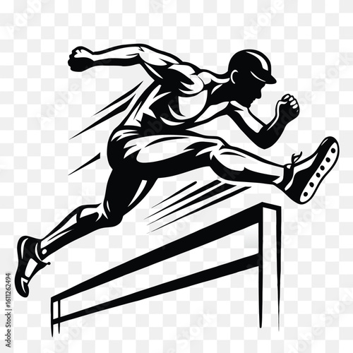 Dynamic Black and White Illustration of a Hurdler Mid Jump over a Hurdle on a Transparent Background