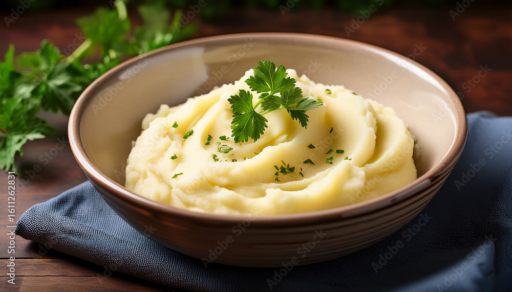a delicious bowl of creamy mashed potatoes garnished with fresh parsley showcasing comfort food at its finest ideal for food photography or culinary use a delicious bowl of creamy mashed potatoes garnished with fresh parsley showcasing comfort food at its finest ideal for food photography or culinary use