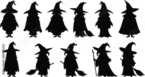 Witch silhouette vector set, Halloween cartoon witch icons, spooky female character bundle, magical costume clipart, black witchcraft illustrations collection