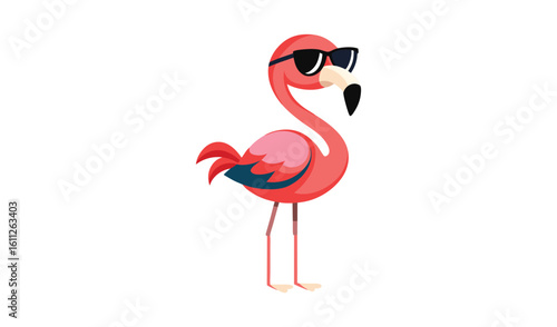 Cute cartoon flamingo wearing sunglasses on white background