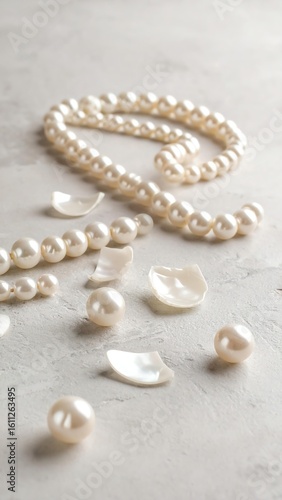 Elegant pearls scattered on a light surface.