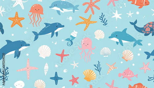 海の仲間たちのカラフルなシームレスパターン

