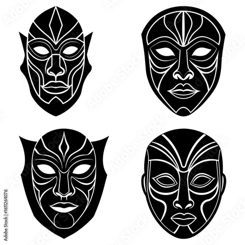 Four tribal masks in black and white with intricate designs and unique shapes displayed together clearly