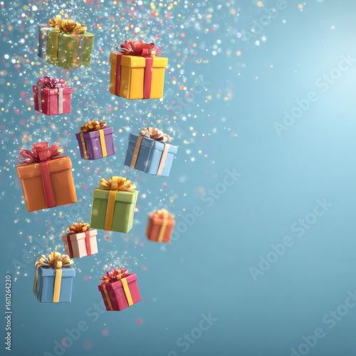 Colorful Floating Gift Boxes with Sparkling Background Elements