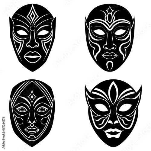 Four stylized black and white tribal masks with various intricate designs and facial features displayed