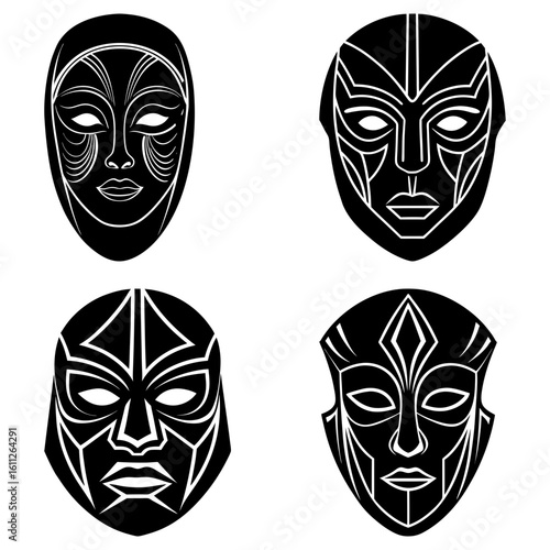 Collection of four black and white tribal masks with unique designs and intricate line work on a white background