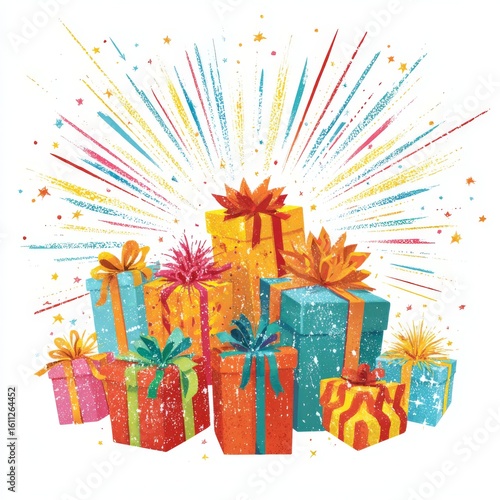 Colorful Gifts and Explosion of Cheerful Stars for Celebration