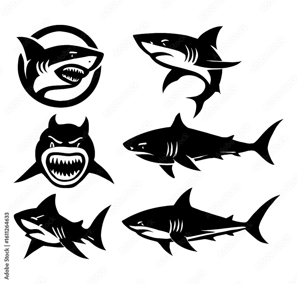 Fototapeta premium Black shark silhouettes in swimming, hunting, and head emblem designs, Transparent Background