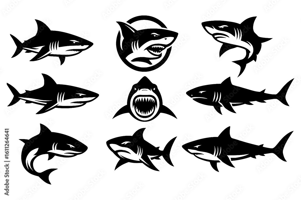 Fototapeta premium Black shark silhouettes in swimming, hunting, and head emblem designs, Transparent Background