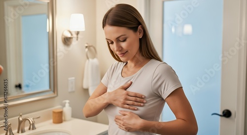 A Respectful and Empowering Shot of a Woman Performing a Breast Self-Exam for Health Awareness