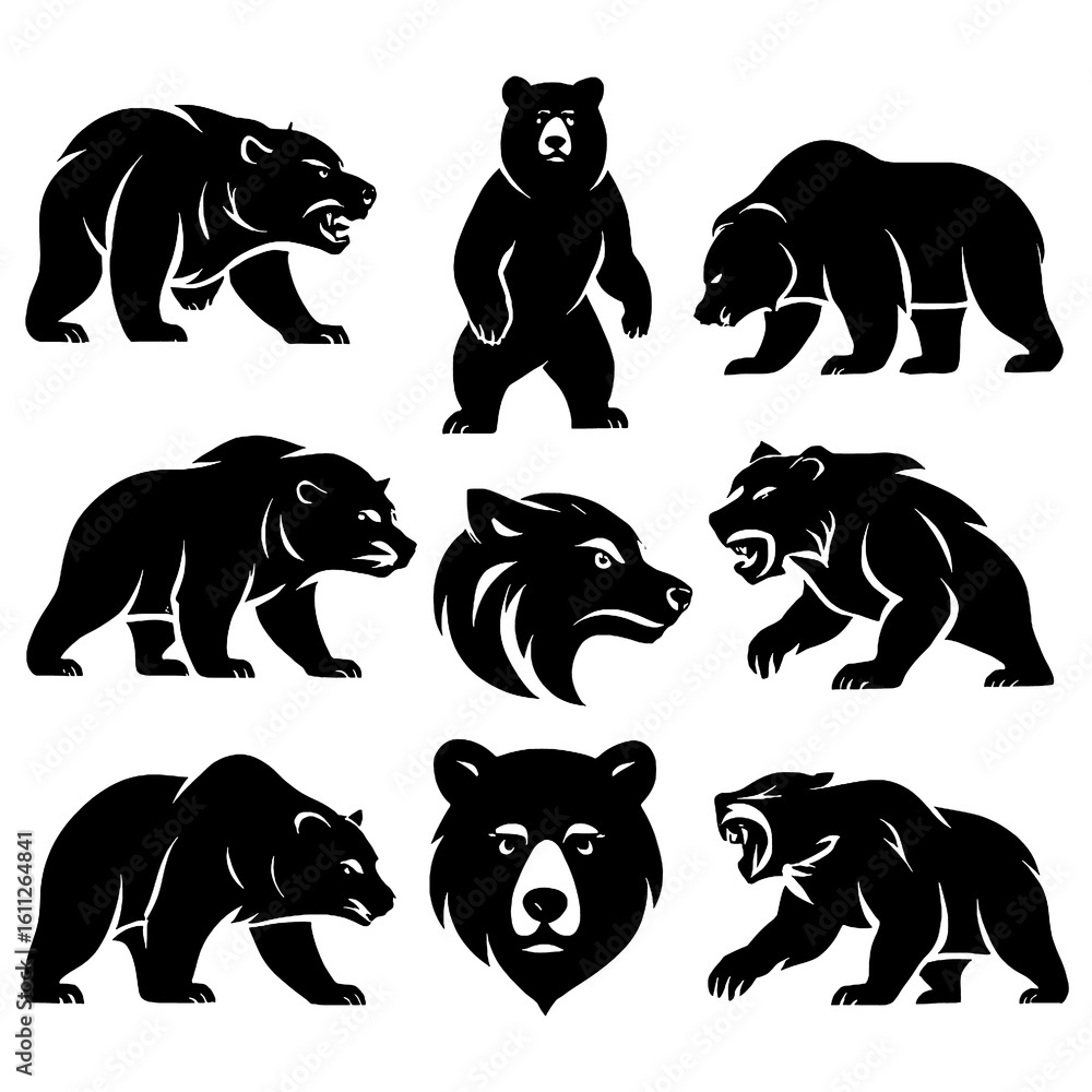 Obraz premium Black bear silhouettes in walking, roaring, and standing poses, Transparent Background