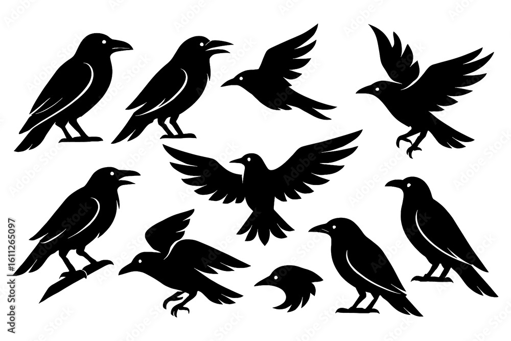 Obraz premium Black raven silhouettes in standing and flying positions, Transparent Background