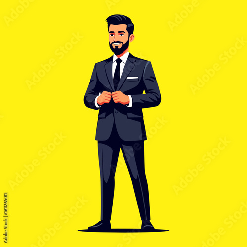 Professional vector illustration of a confident young man wearing a dark formal suit and tie, standing with a poised posture
