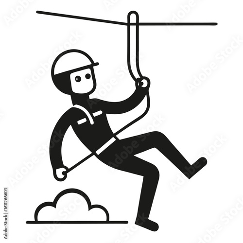 Monochrome Graphic Icon Depicting Ziplining Man with Helmet and Safety Harness Equipment Over a Cloud Shape