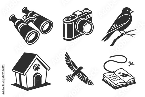 Birdwatching Icons Binoculars Camera Bird Birdhouse Flying Bird Field Guide.
