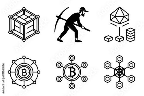 Bitcoin Mining and Blockchain Technology Icons.