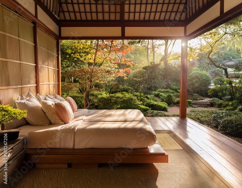 zen bedroom with garden view warm sunlight
