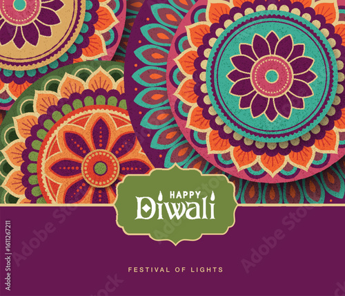 Diwali festival greeting card with colorful rangoli background
