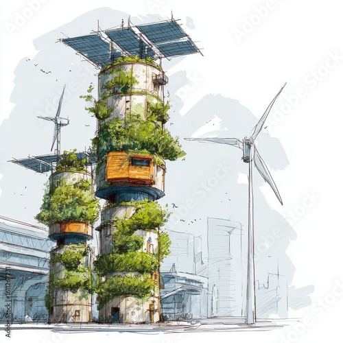 Eco-Friendly Urban Design Concept Featuring Vertical Gardens and Turbines