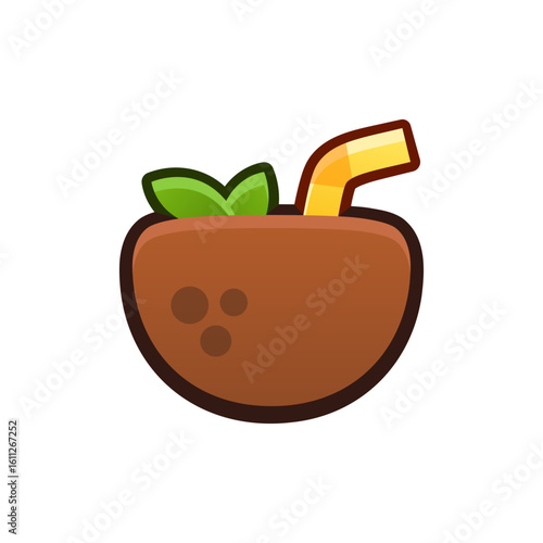 Isolated flat 3d coconut cocktail icon for game, interface, sticker, app. The sign in a cartoon style for match 3, arcade, rpg. The drink sprite for craft element in hyper casual mobile game.