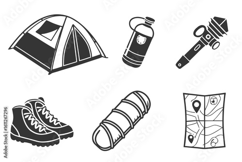Camping and Hiking Gear Icons Set.