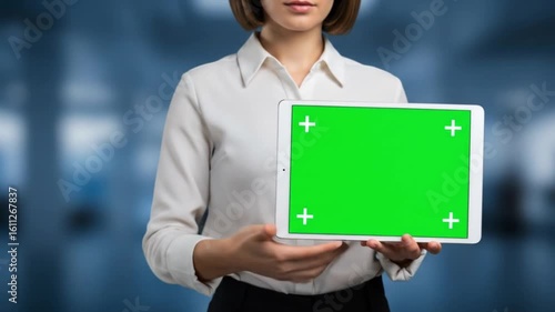 Woman in white shirt holding tablet with green screen for chroma keying in front of blurred background