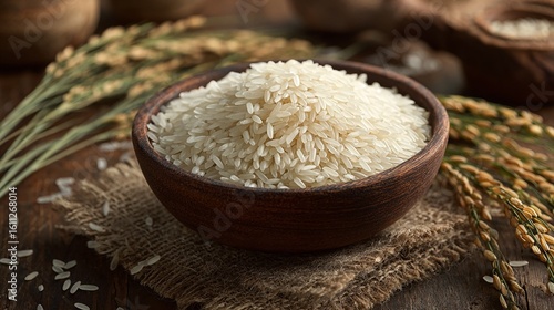 Close up studio shot of a bowl full of uncooked white rice