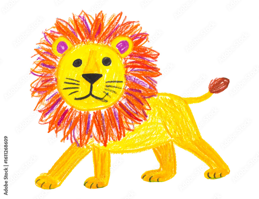 Fototapeta premium Colorful lion drawn with crayons