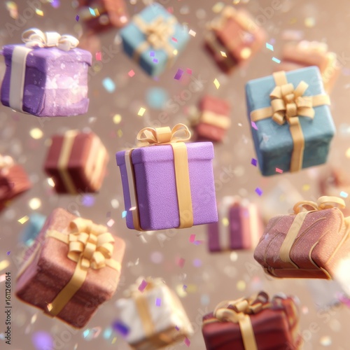 Floating Colorful Gift Boxes with Ribbons and Sparkling Background