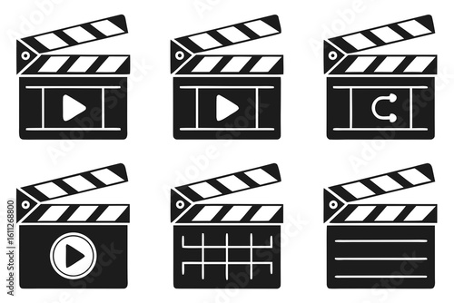 Collection of Six Black and White Movie Clapperboard Icons.