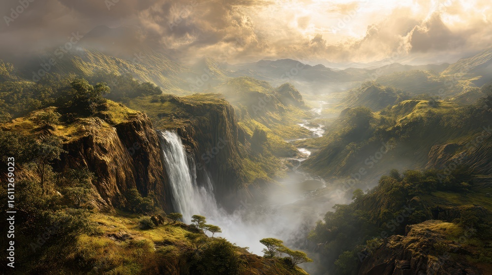 Fototapeta premium Majestic Waterfall Flowing from Edge of Heaven Surrounded by Nature