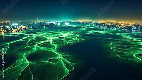 Emerald City Nightscape: A luminous waterscape at night, reflecting a city's glow.