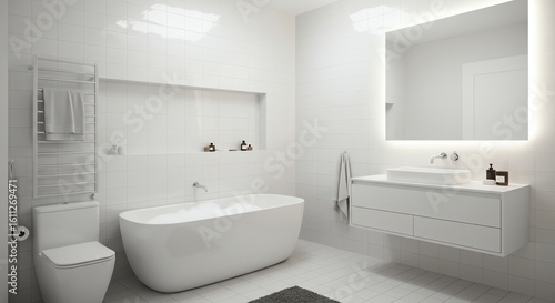 Wallpaper Mural Modern White Bathroom with Bathtub and Sink in Bright Minimalist Style Torontodigital.ca
