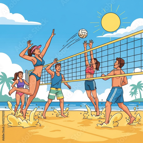 A group of people playing beach volleyball on a sunny day.