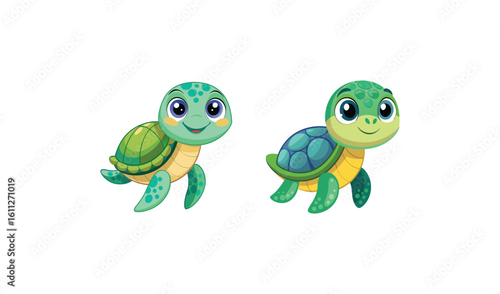Fototapeta premium Two adorable cartoon baby sea turtles swimming together