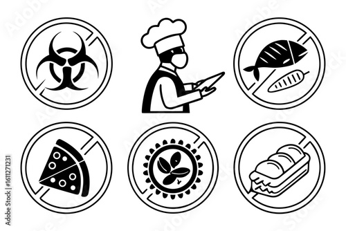Food Safety Icons and Chef Illustration.