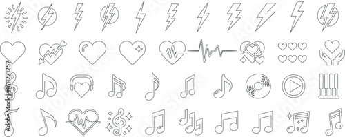 Music icon, heart symbol, lightning bolt, and healthcare line art vector set in minimal style. Perfect for app UI, web, infographic, and modern digital creative design elements