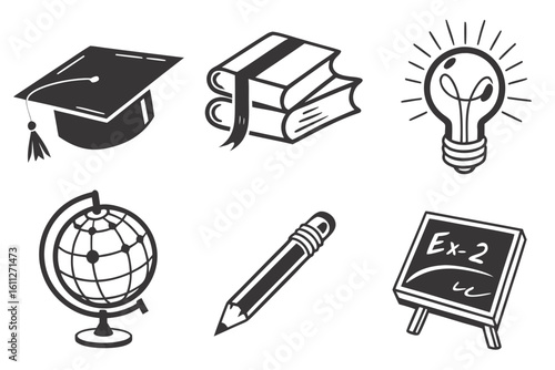 Graduation Cap Books Lightbulb Globe Pencil Blackboard Icons.