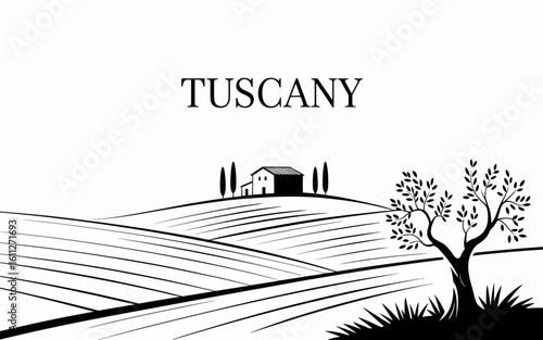 Tuscan Landscape Vector Illustration with Rolling Hills House and Olive Tree Black and White Scenic Tuscany Italy Design