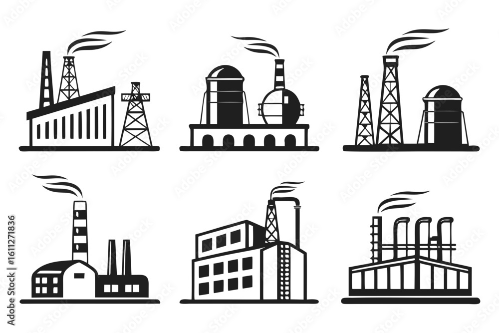 Obraz premium Industrial Factory Icons with Smoke Stacks.