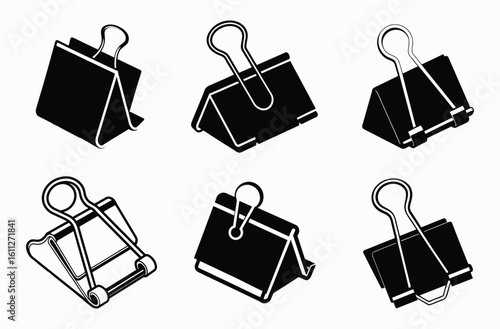 Binder clip silhouette set, binder clip icon, office supply vector, stationery clamp silhouette, binder clip silhouette vector illustration 