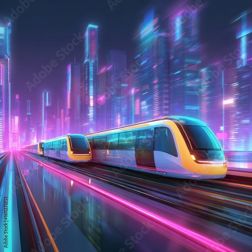 Futuristic Urban Train Traveling Through Neon Cityscape at Night