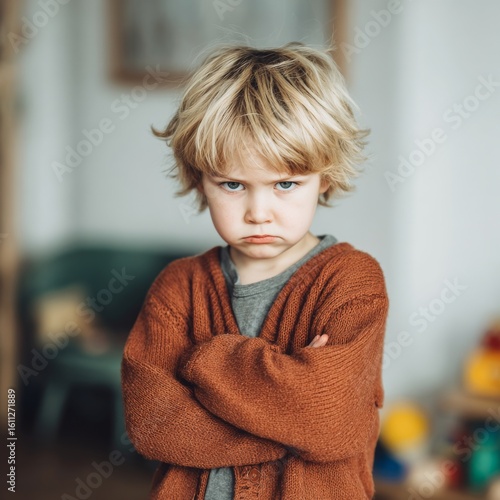 Grumpy Child with Blonde Hair Wearing Cozy Sweater in Room