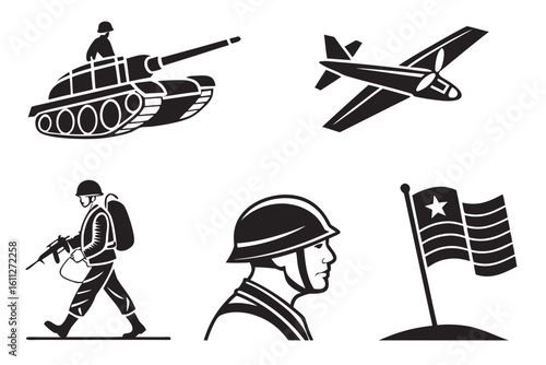 Military Icons Tank Soldier Airplane and Flag.