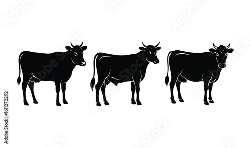Three black silhouette cows standing side by side on white background