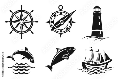 Nautical Icons Ships Wheel Compass Lighthouse Fish and Sailboat.