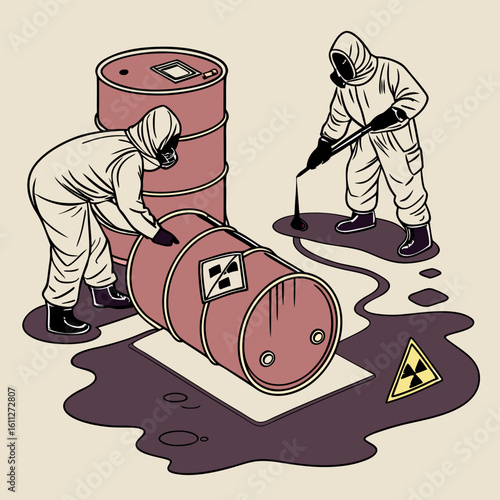 Two Workers in Protective Suits Cleaning Toxic Waste Spill