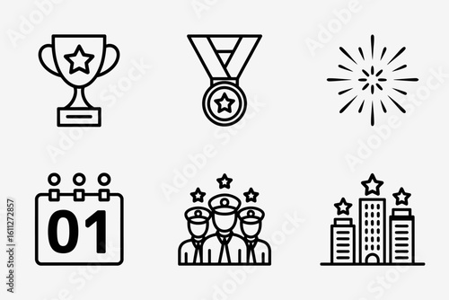 Vector Icons for Celebration Achievement and Recognition with Trophy Medal Calendar Team and Fireworks for Design and Presentation
