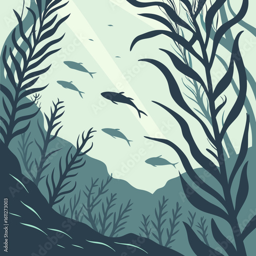 Underwater Kelp Forest with Silhouetted Fish